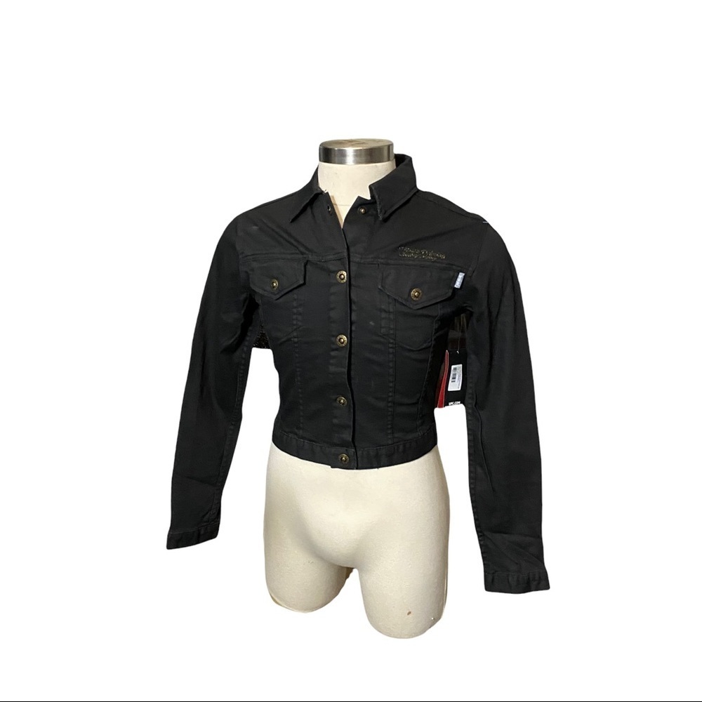 UFC Black Wash Denim Cropped Gold Snap Button-Front Jean Jacket Women Large NWT